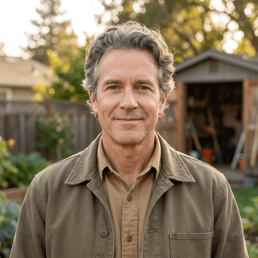 Male homeowner in his early 40s, smiling warmly in front of a house with a sold sign