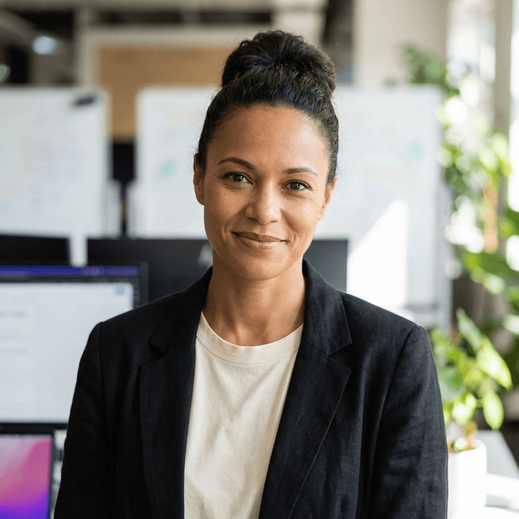 Female business owner in her 50s, Black, with a confident smile in a home office