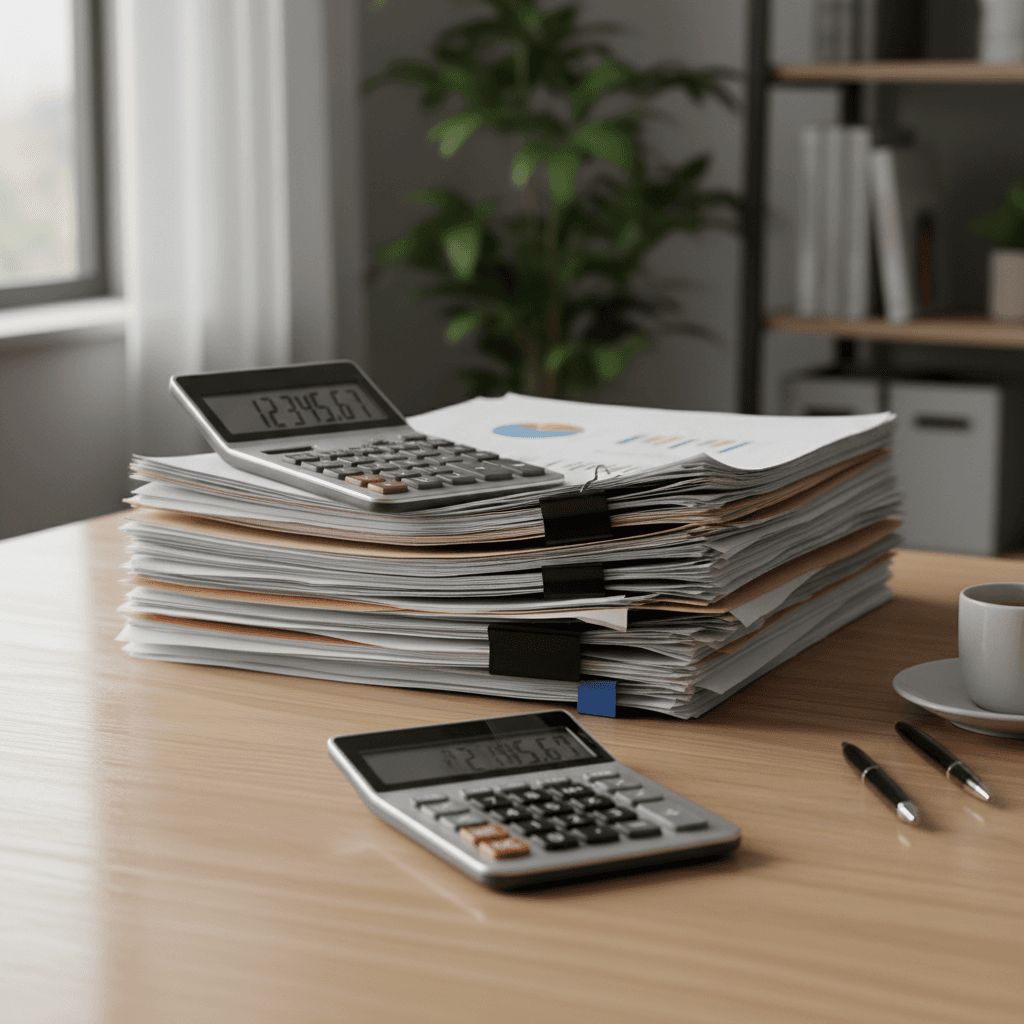 Calculator and stack of documents on a clean wooden desk