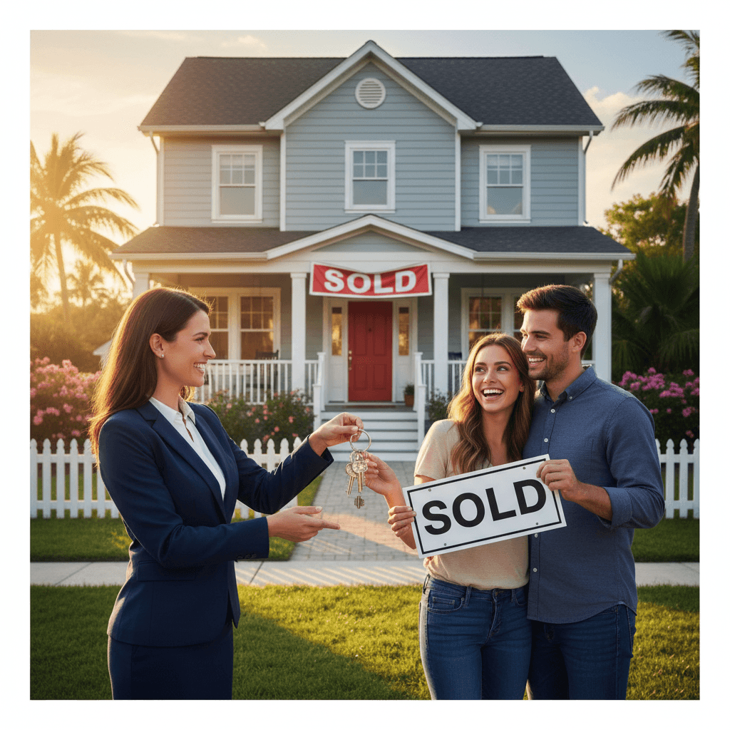 Happy homeowner receiving keys from agent after selling house