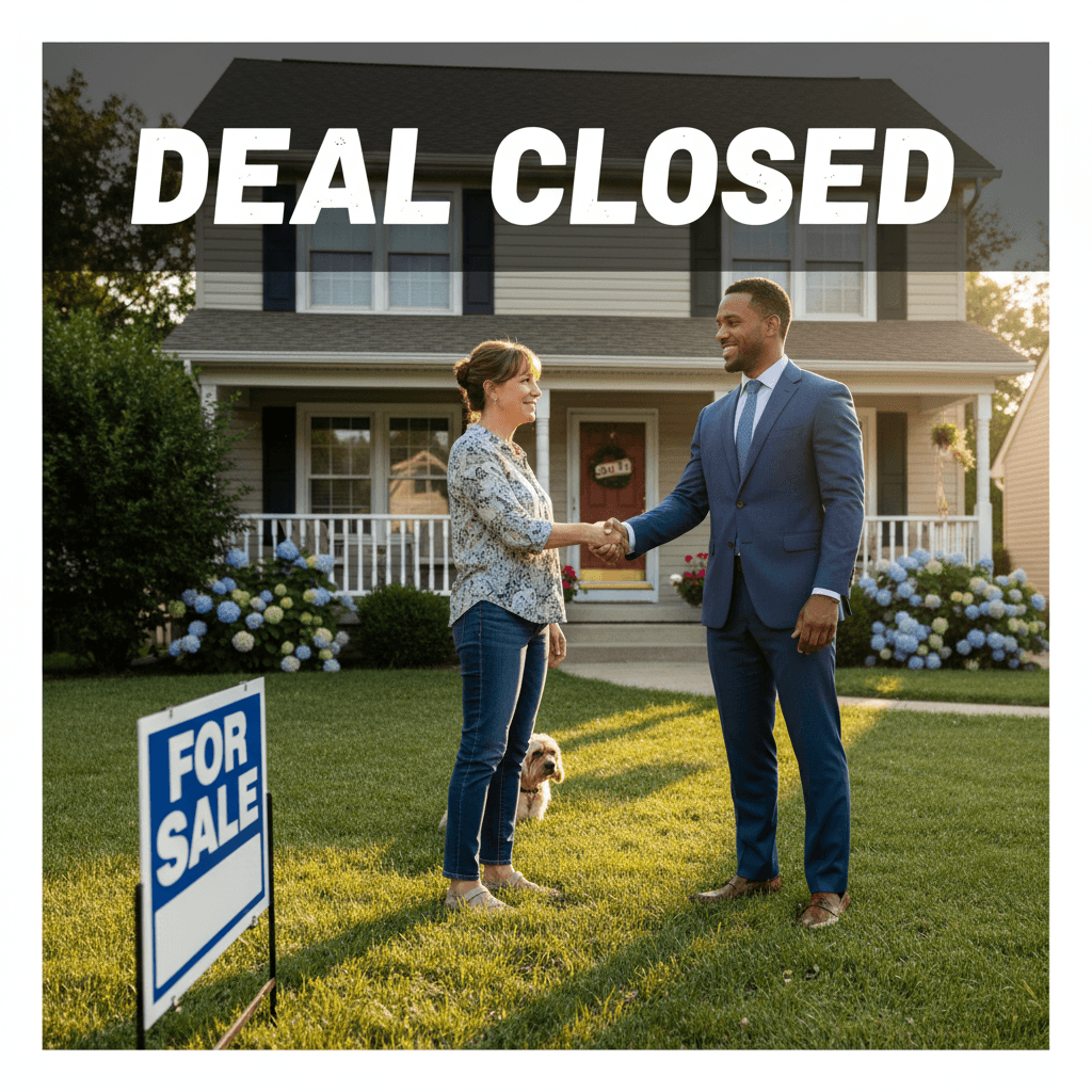 Real estate investor and homeowner shaking hands in front of a house
