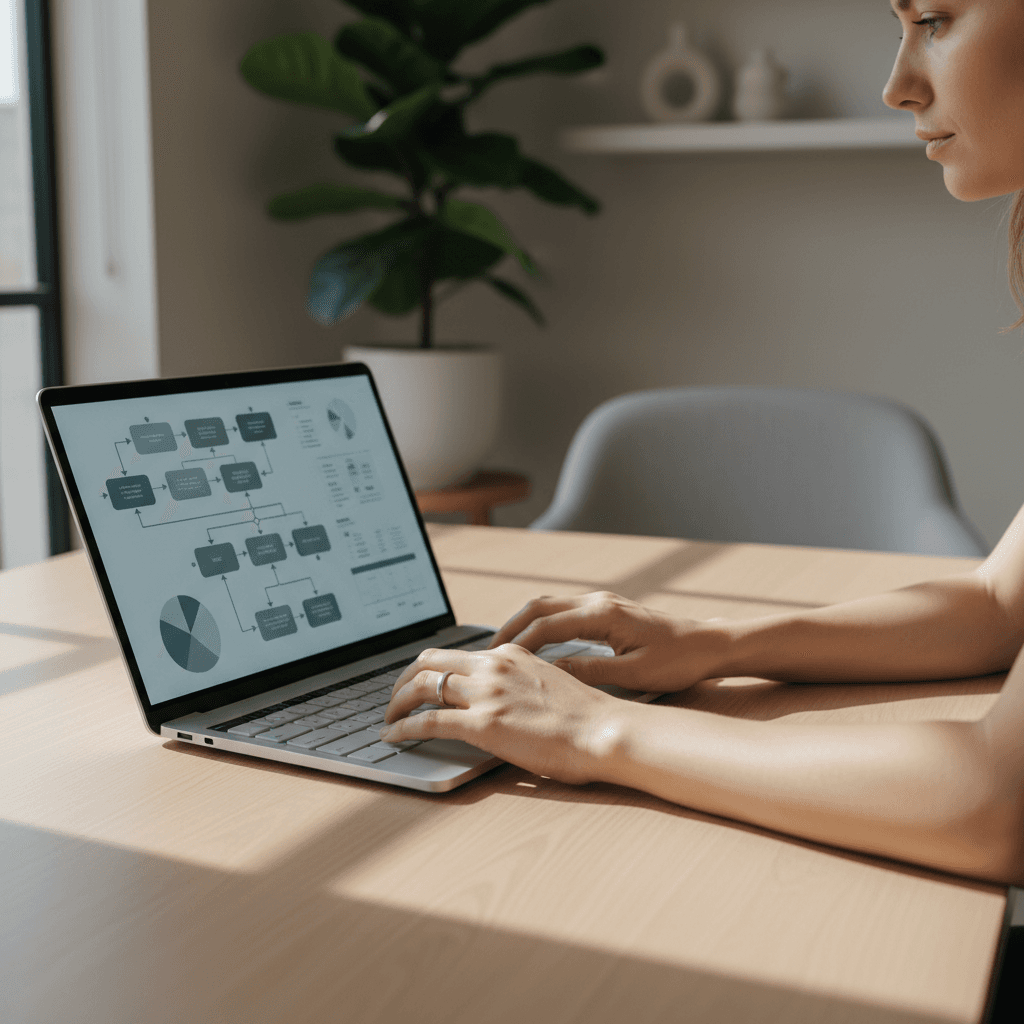 Hands typing on laptop with a coffee cup and notebook on a wooden table