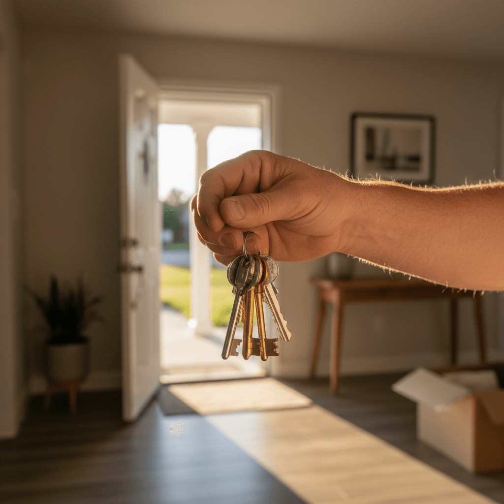 Homeowner smiling while receiving a cash offer from a real estate investor inside a home