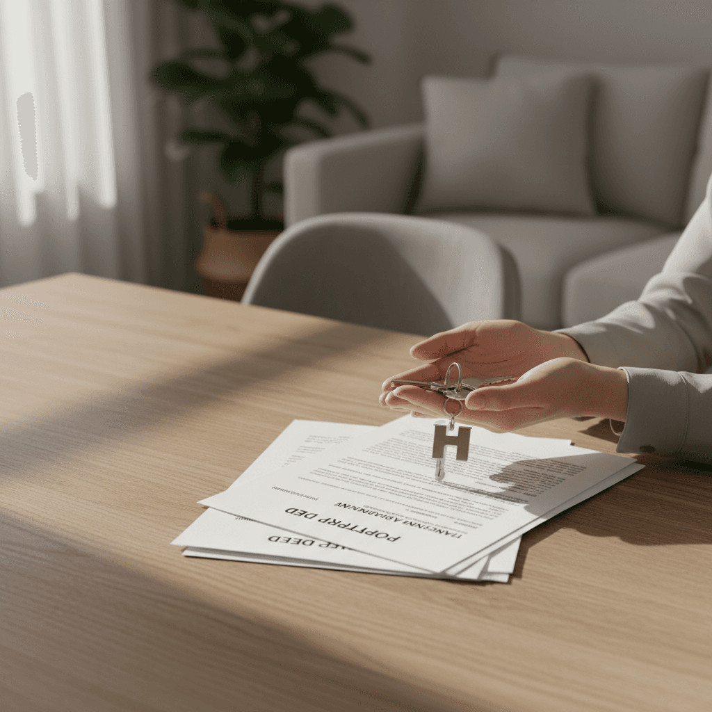 White envelope and calculator on a wooden table next to a small house key