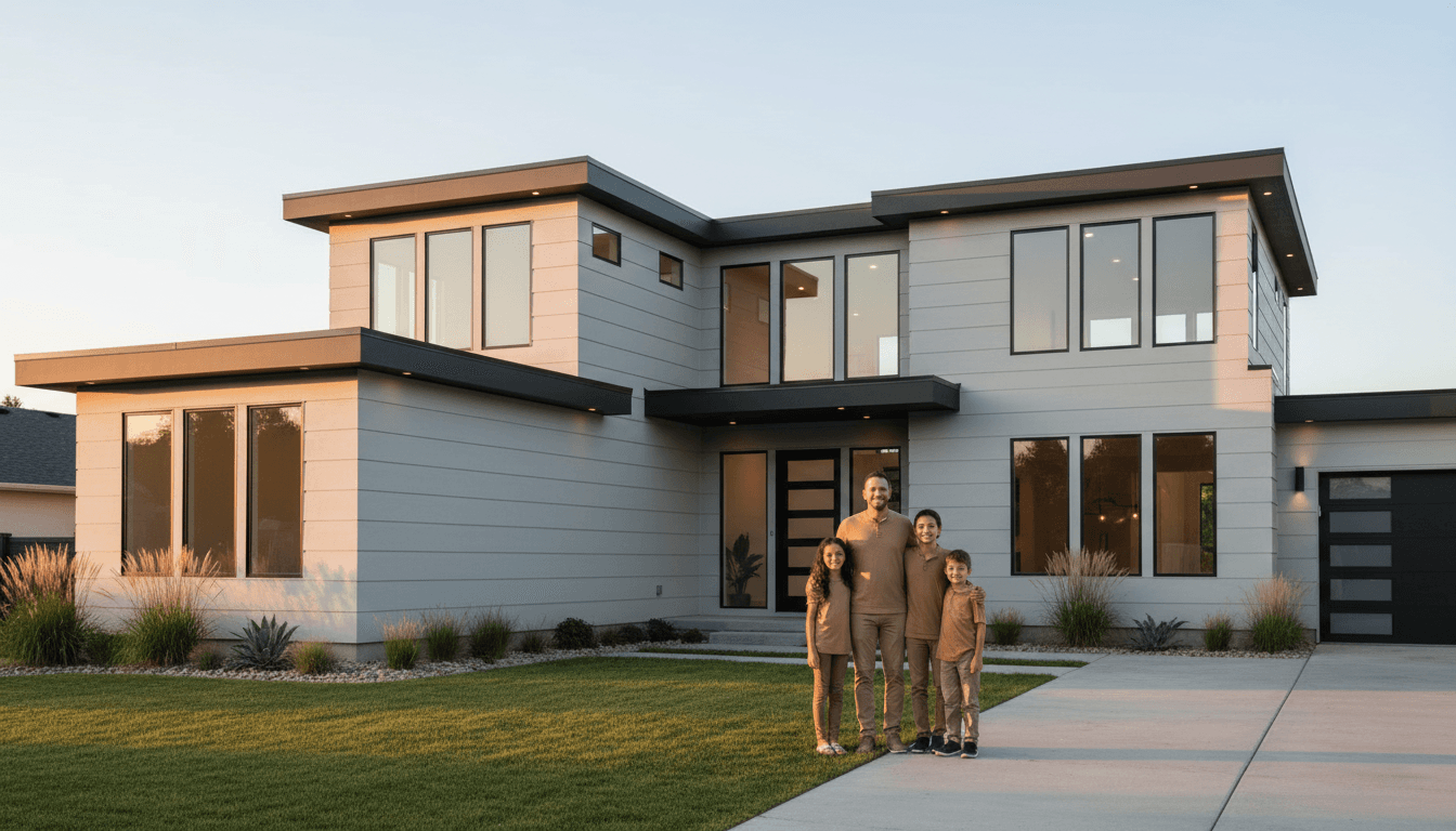 Modern suburban house exterior with a well-maintained yard in warm sunlight